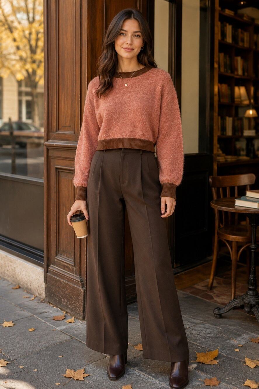 Kerisma M/L Cropped Sweater Alpaca Wool Blend Dusty Rose Brown Colorblock